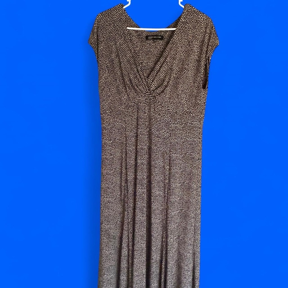 Jones New York Gray Pleated Midi Dress V-Neck Casual